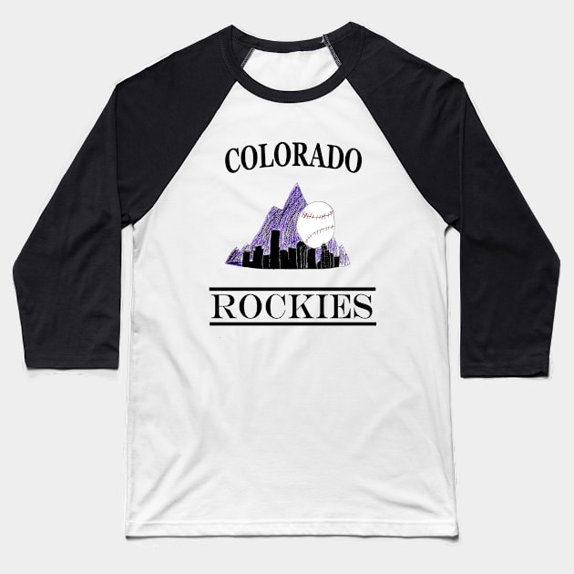 Colorado Rockies Denver Skyline Logo Design Baseball T-Shirt by Kids’ Drawings 